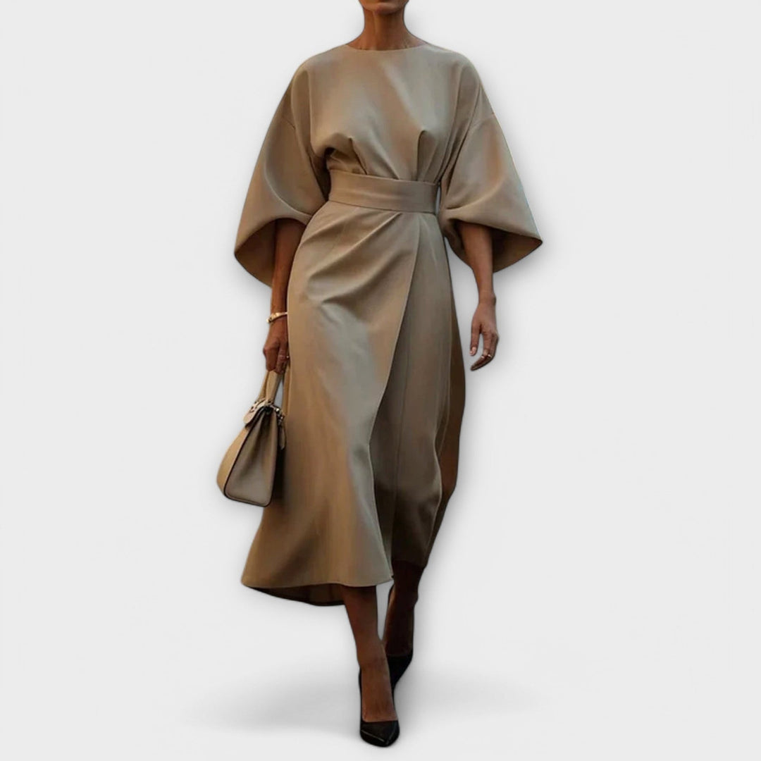 Iris | Wedding Guest Midi Dress with Lantern Sleeves and Wrap Skirt