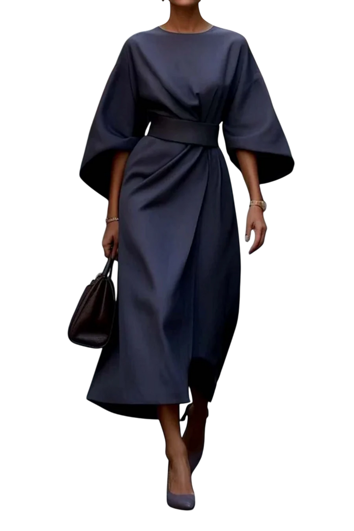 Iris | Wedding Guest Midi Dress with Lantern Sleeves and Wrap Skirt