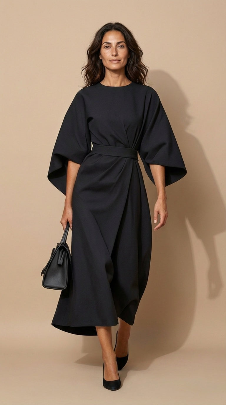 Iris | Wedding Guest Midi Dress with Lantern Sleeves and Wrap Skirt