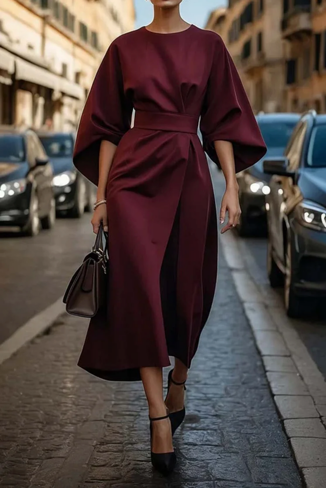 Iris | Wedding Guest Midi Dress with Lantern Sleeves and Wrap Skirt