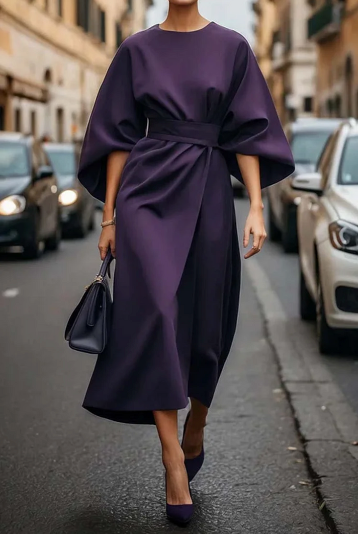 Iris | Wedding Guest Midi Dress with Lantern Sleeves and Wrap Skirt