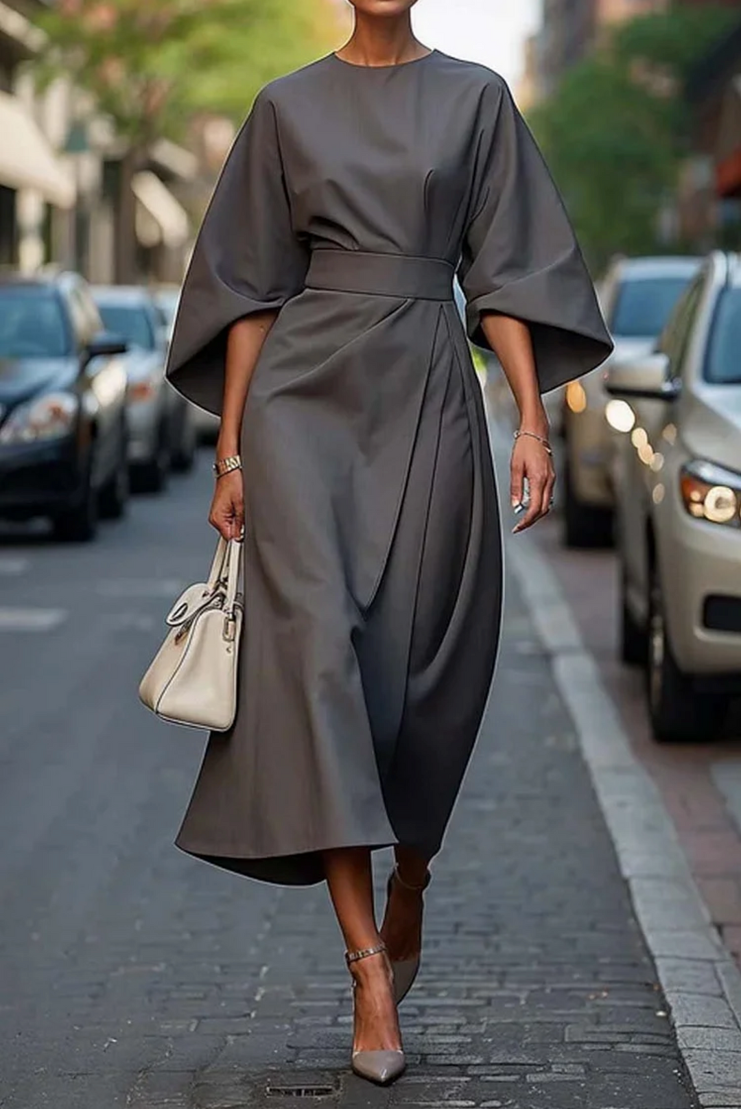Iris | Wedding Guest Midi Dress with Lantern Sleeves and Wrap Skirt