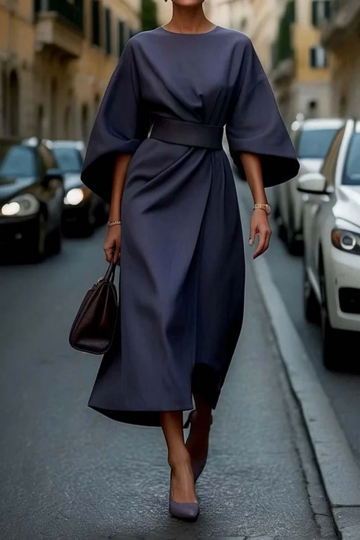 Iris | Wedding Guest Midi Dress with Lantern Sleeves and Wrap Skirt
