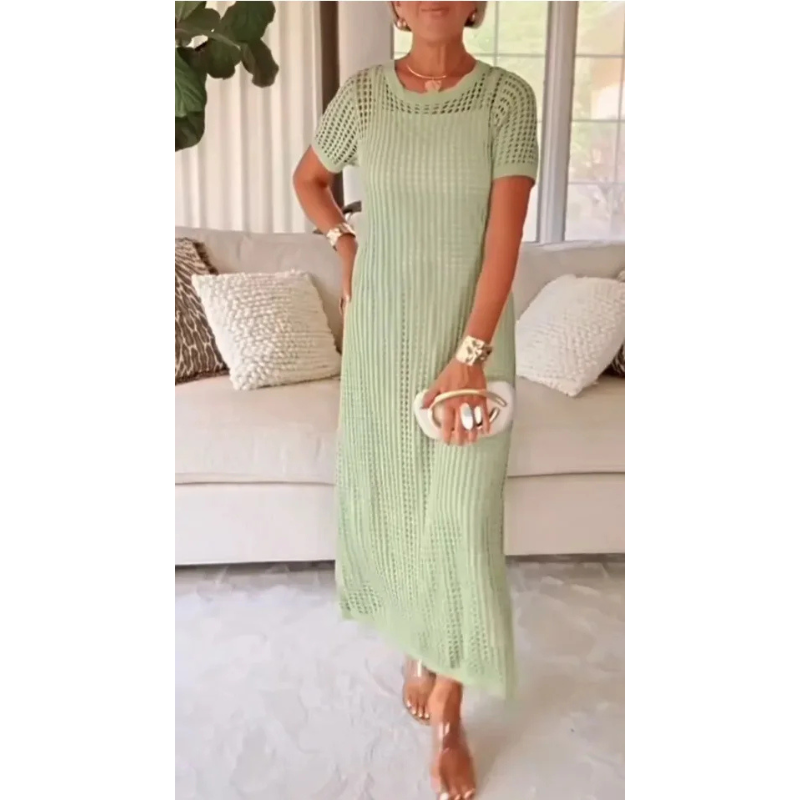 Janet | Crochet Hollow Out Maxi Sundress with Short Sleeves and Inner Lining