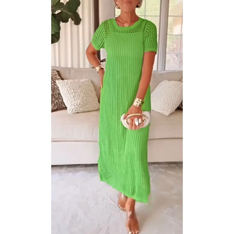 Janet | Crochet Hollow Out Maxi Sundress with Short Sleeves and Inner Lining