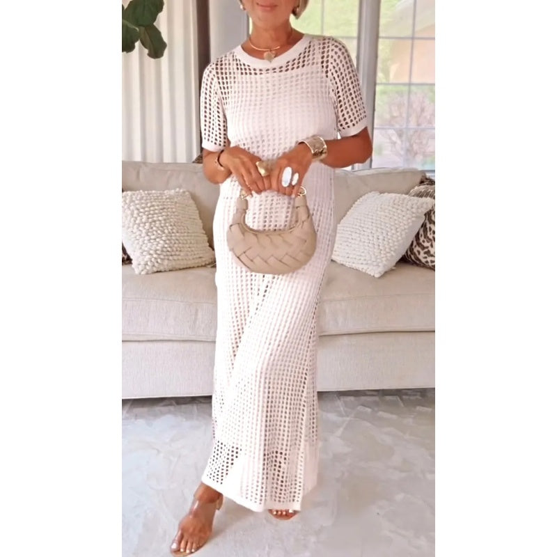 Janet | Crochet Hollow Out Maxi Sundress with Short Sleeves and Inner Lining