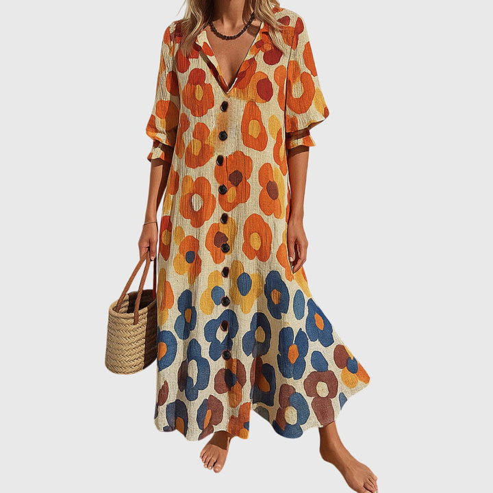 Jennifer | Boho Floral Maxi Sundress with V Neck and Button Front