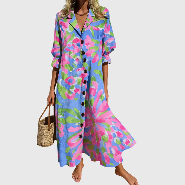 Jennifer | Boho Floral Maxi Sundress with V Neck and Button Front