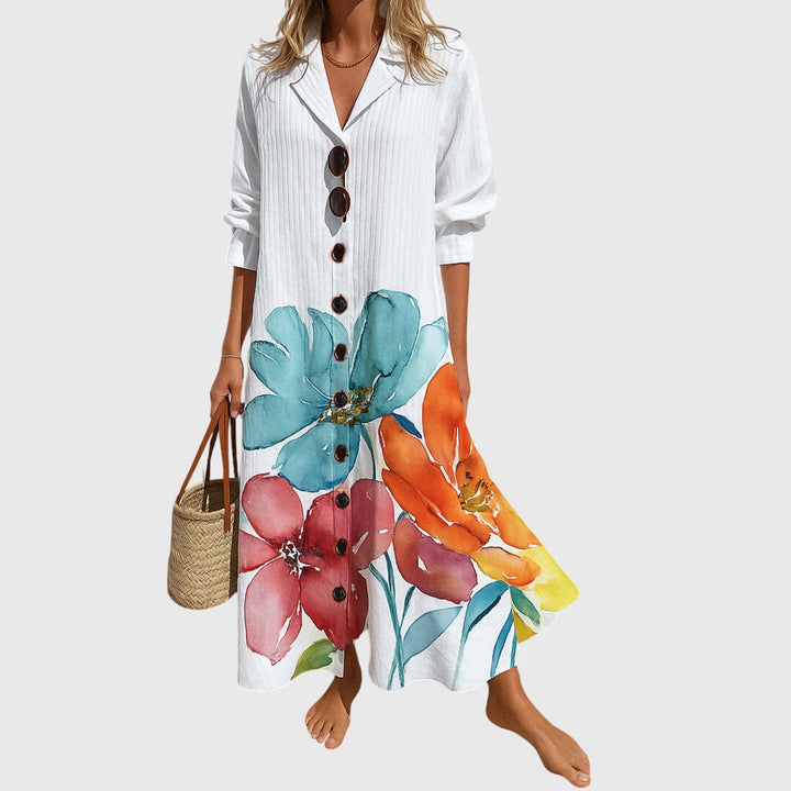 Jennifer | Boho Floral Maxi Sundress with V Neck and Button Front