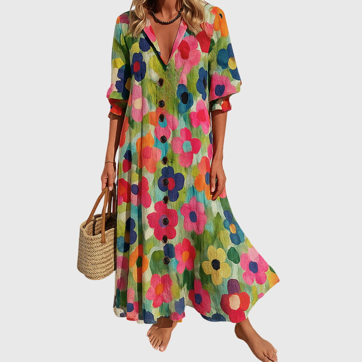 Jennifer | Boho Floral Maxi Sundress with V Neck and Button Front