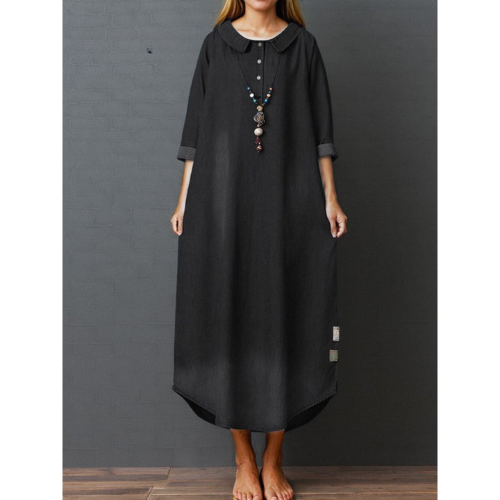 Joan | Denim Maxi Dress with Peter Pan Collar and Three Quarter Sleeves