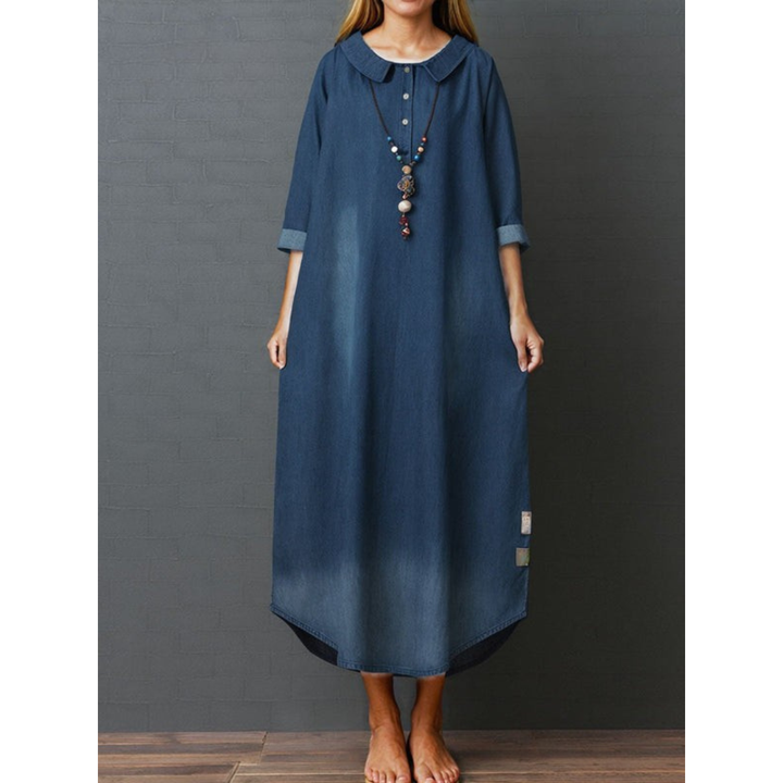 Joan | Denim Maxi Dress with Peter Pan Collar and Three Quarter Sleeves