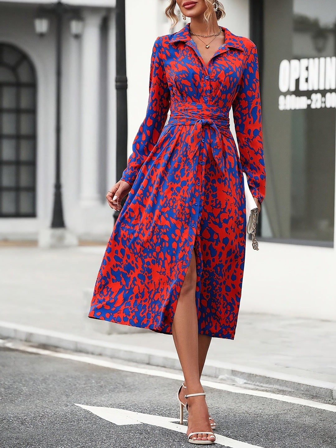 Joanne | Shirt Midi Dress with Belt and Long Sleeves