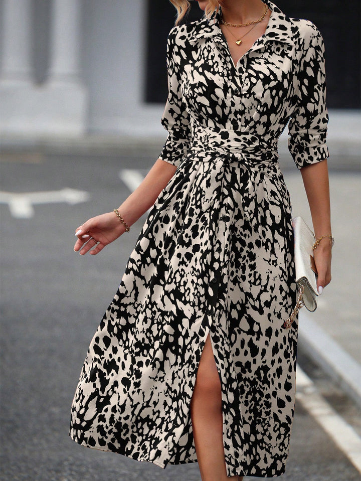Joanne | Shirt Midi Dress with Belt and Long Sleeves