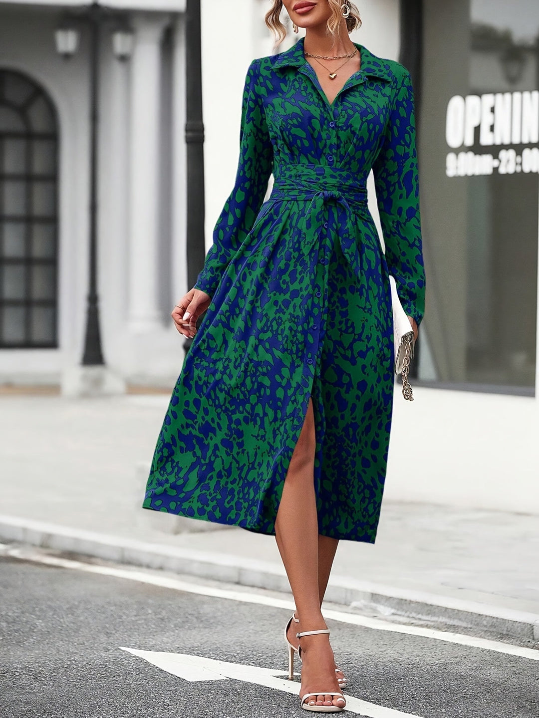 Joanne | Shirt Midi Dress with Belt and Long Sleeves