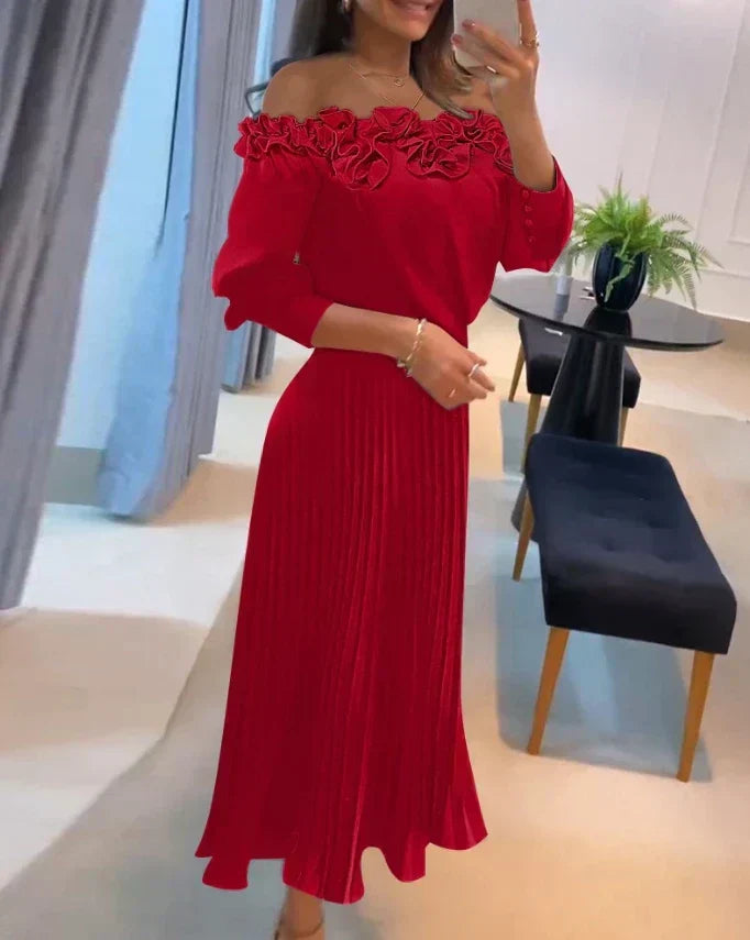 Josephine | Wedding Guest Midi Dress with Off Shoulder Neckline and Long Sleeves