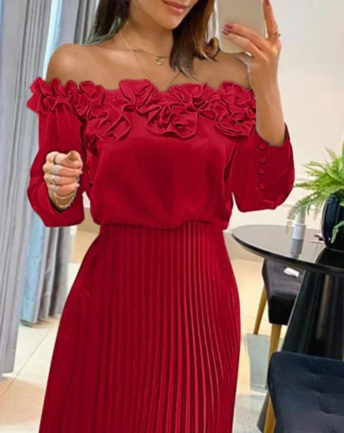 Josephine | Wedding Guest Midi Dress with Off Shoulder Neckline and Long Sleeves