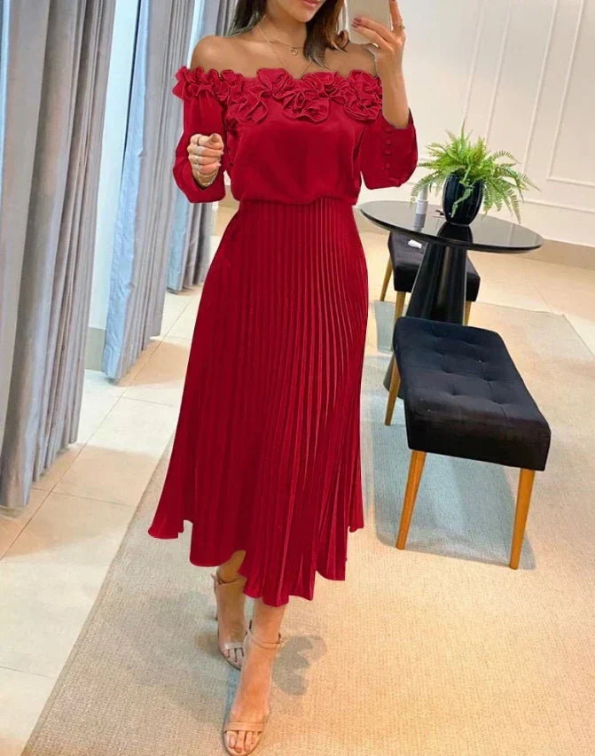 Josephine | Wedding Guest Midi Dress with Off Shoulder Neckline and Long Sleeves