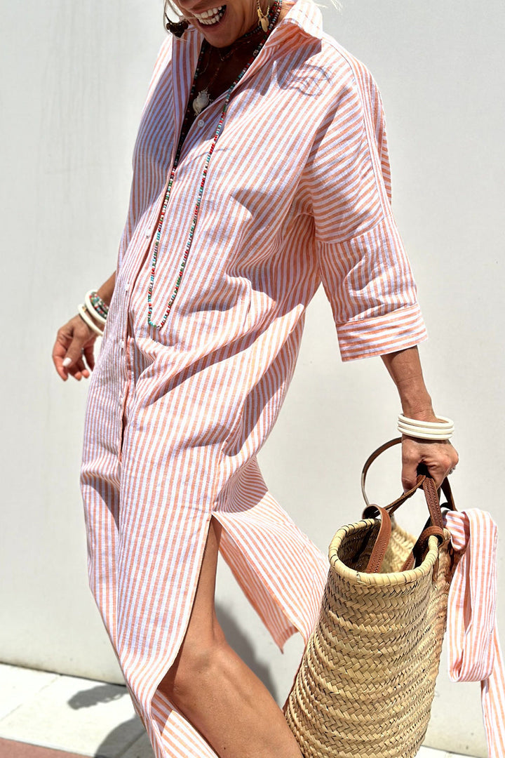 Joyce | Striped Shirt Maxi Dress with V Neck and Long Sleeves
