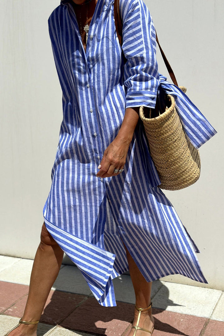 Joyce | Striped Shirt Maxi Dress with V Neck and Long Sleeves