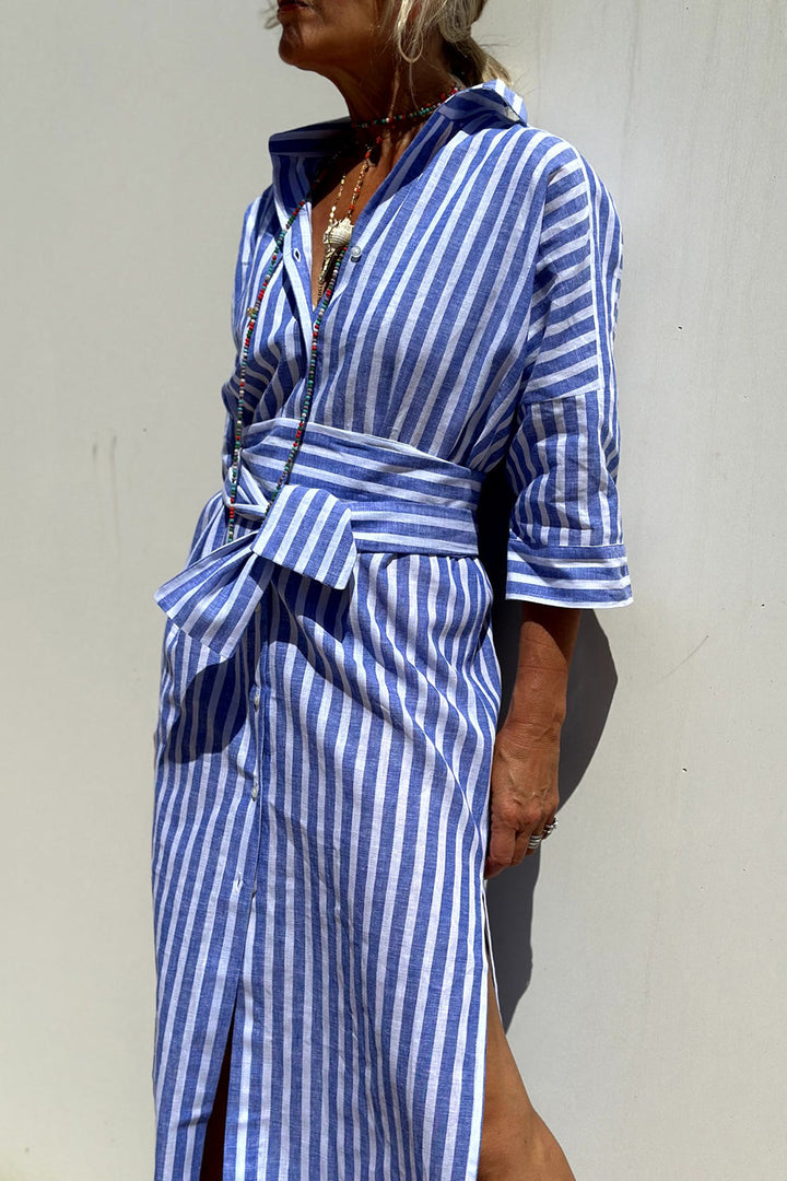Joyce | Striped Shirt Maxi Dress with V Neck and Long Sleeves