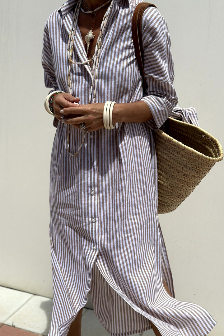 Joyce | Striped Shirt Maxi Dress with V Neck and Long Sleeves