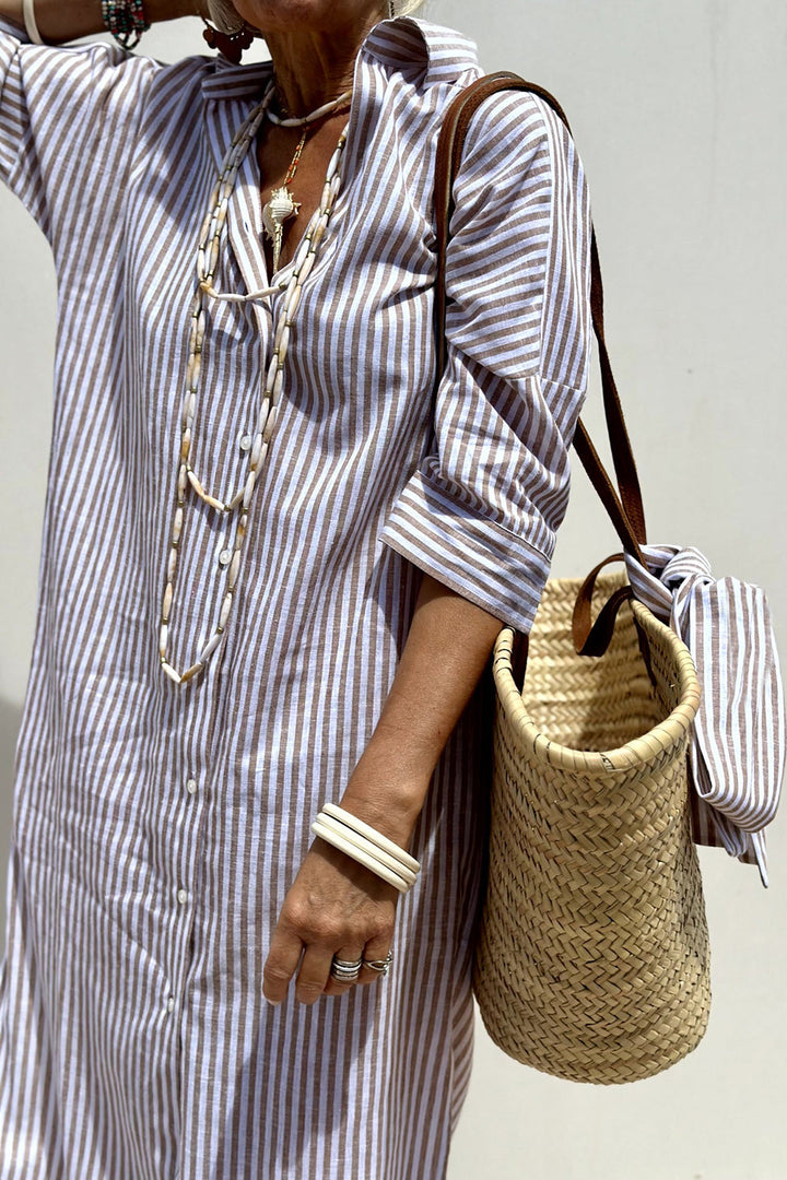 Joyce | Striped Shirt Maxi Dress with V Neck and Long Sleeves