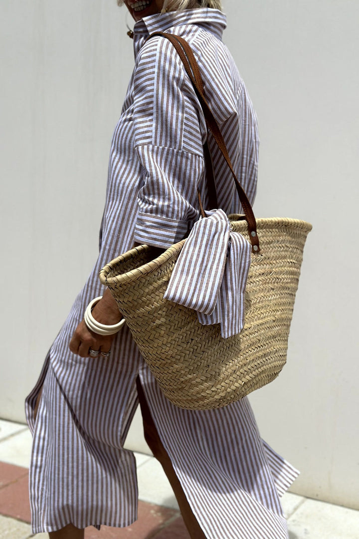 Joyce | Striped Shirt Maxi Dress with V Neck and Long Sleeves