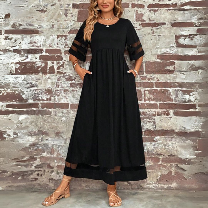 Karen | Solid Empire Waist Midi Sundress with Mesh Detail and Three Quarter Sleeves