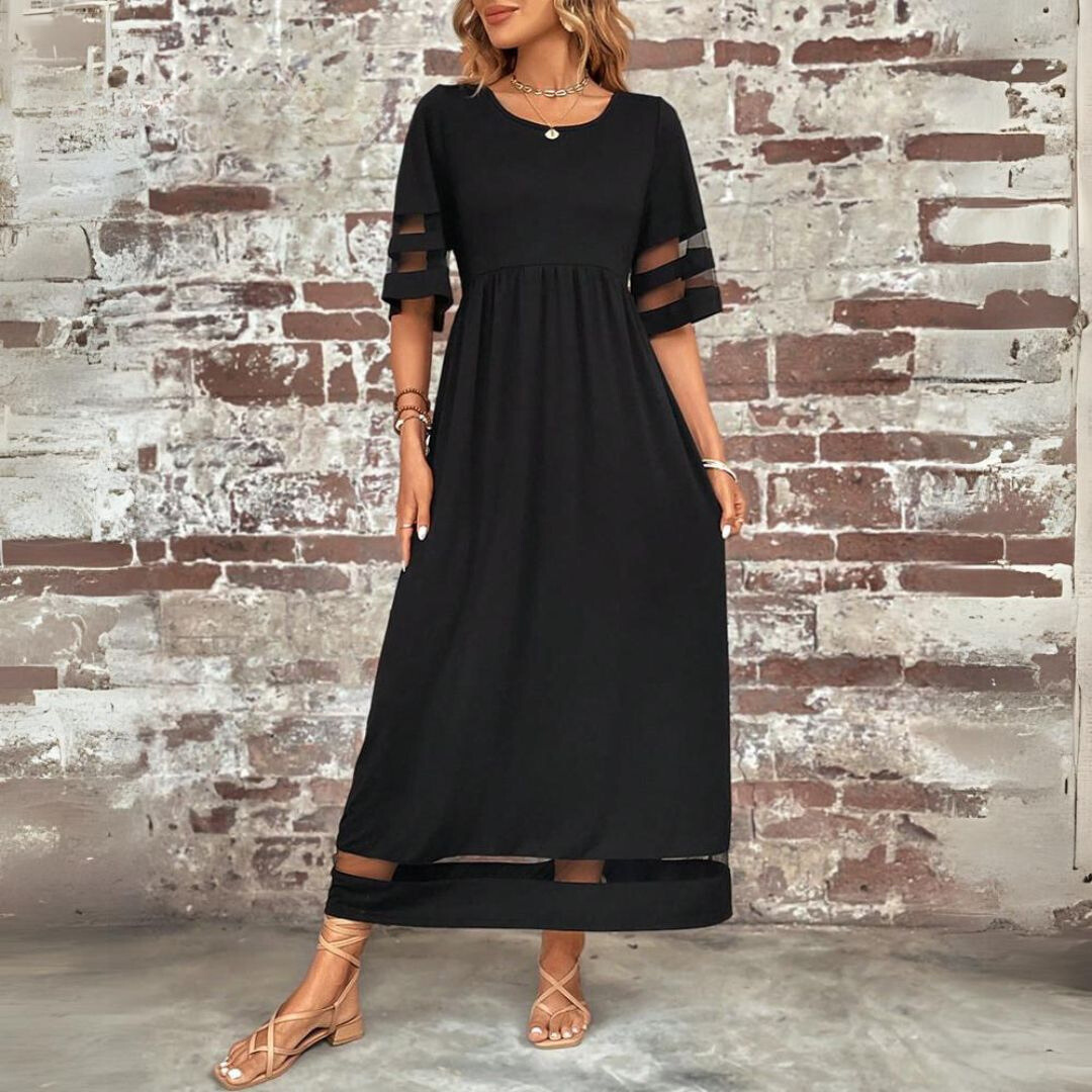 Karen | Solid Empire Waist Midi Sundress with Mesh Detail and Three Quarter Sleeves