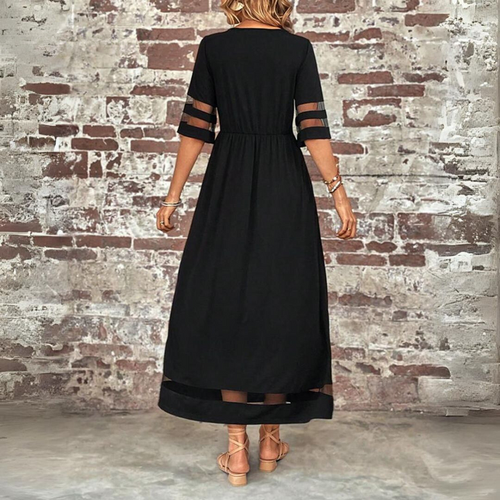 Karen | Solid Empire Waist Midi Sundress with Mesh Detail and Three Quarter Sleeves