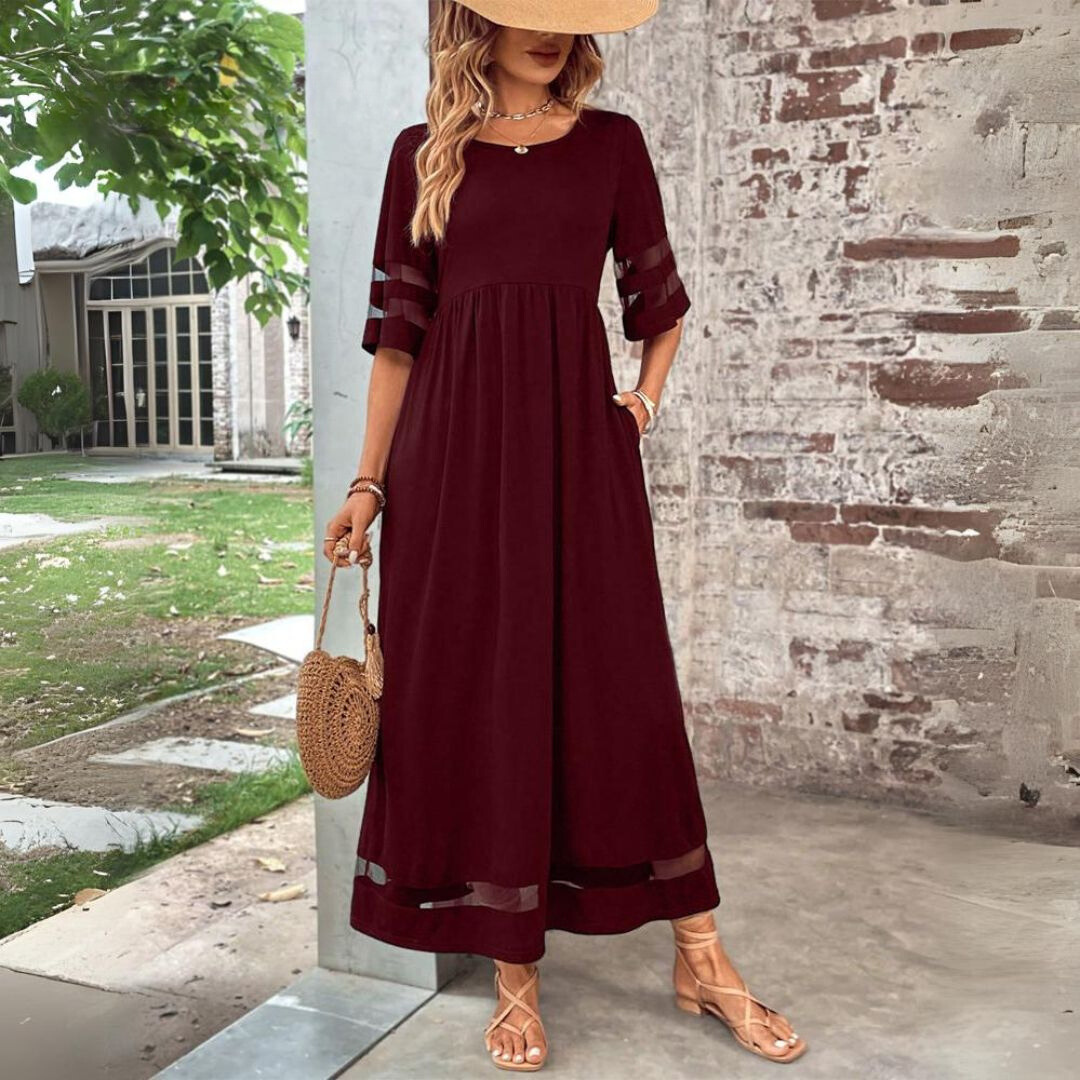 Karen | Solid Empire Waist Midi Sundress with Mesh Detail and Three Quarter Sleeves