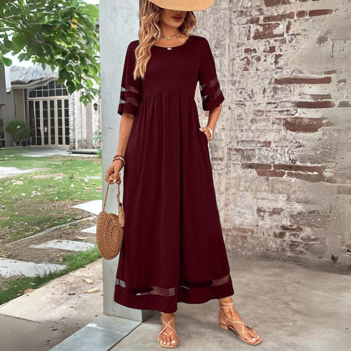 Karen | Solid Empire Waist Midi Sundress with Mesh Detail and Three Quarter Sleeves
