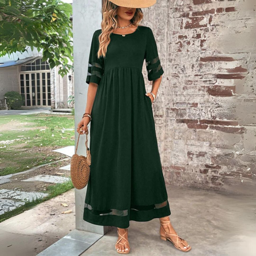 Karen | Solid Empire Waist Midi Sundress with Mesh Detail and Three Quarter Sleeves