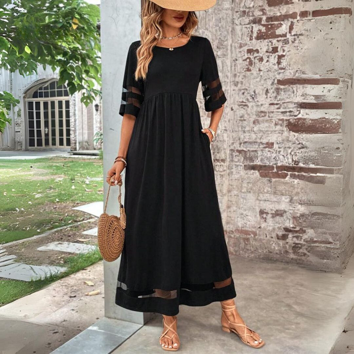 Karen | Solid Empire Waist Midi Sundress with Mesh Detail and Three Quarter Sleeves