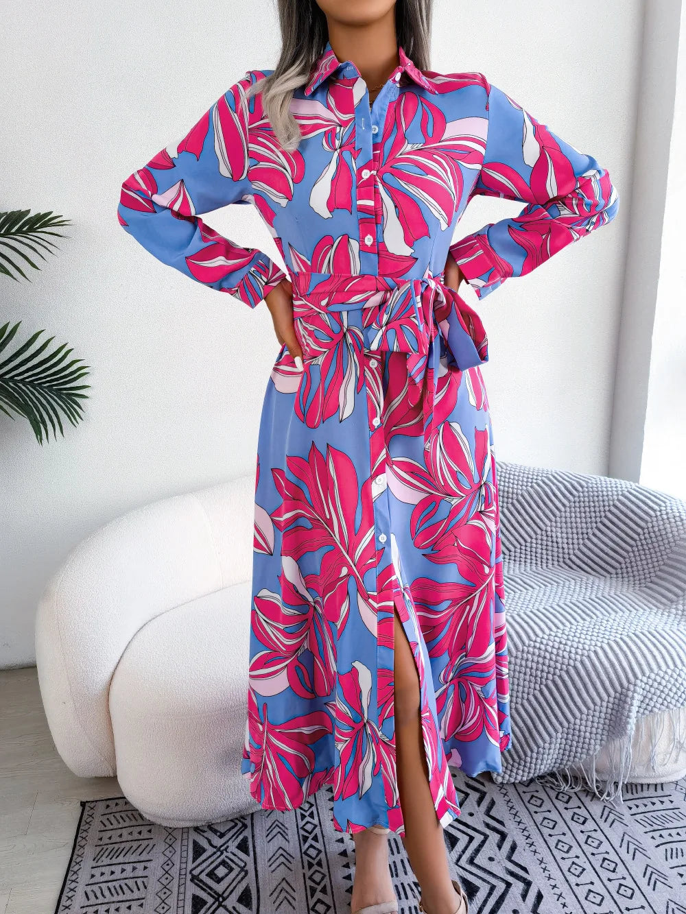 Laura | Tropical Floral Shirt Maxi Dress with Belted Waist and Long Sleeves
