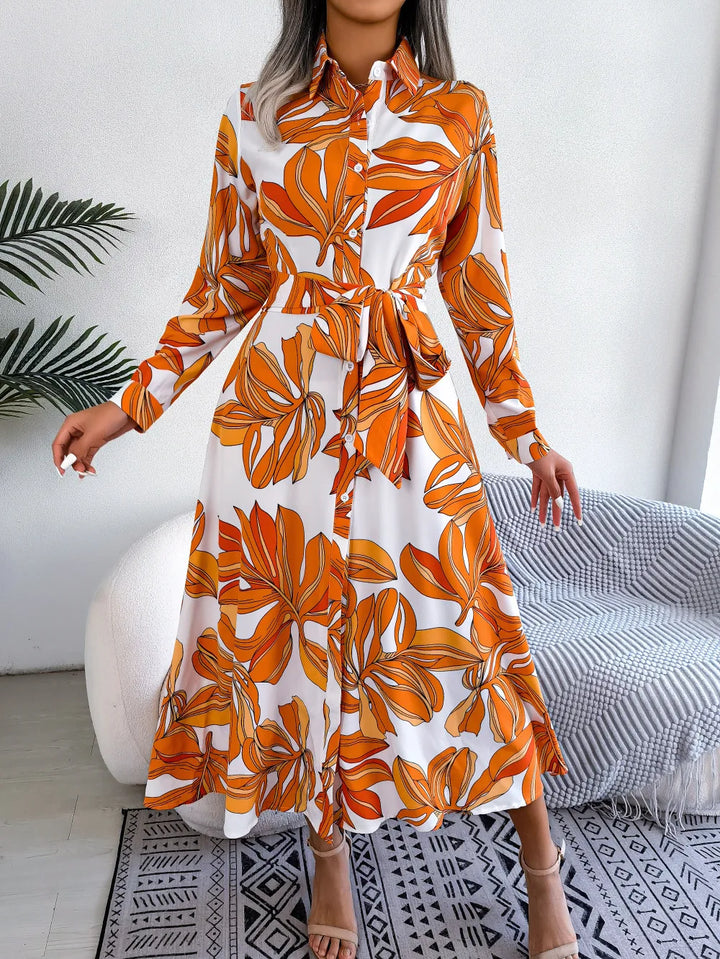 Laura | Tropical Floral Shirt Maxi Dress with Belted Waist and Long Sleeves