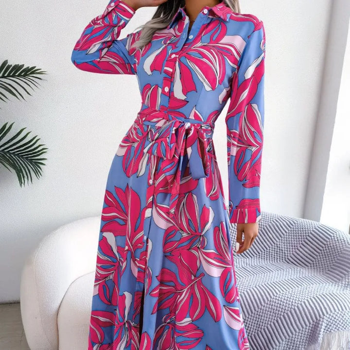 Laura | Tropical Floral Shirt Maxi Dress with Belted Waist and Long Sleeves