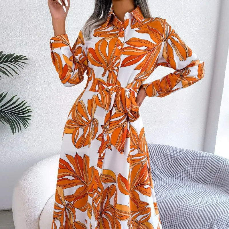 Laura | Tropical Floral Shirt Maxi Dress with Belted Waist and Long Sleeves