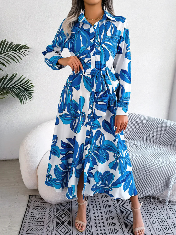 Laura | Tropical Floral Shirt Maxi Dress with Belted Waist and Long Sleeves
