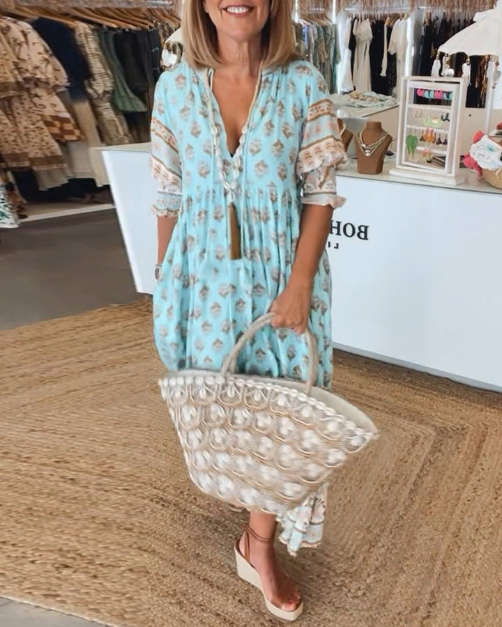Leonora | Boho Block Print Maxi Dress with V Neck and Three Quarter Sleeves