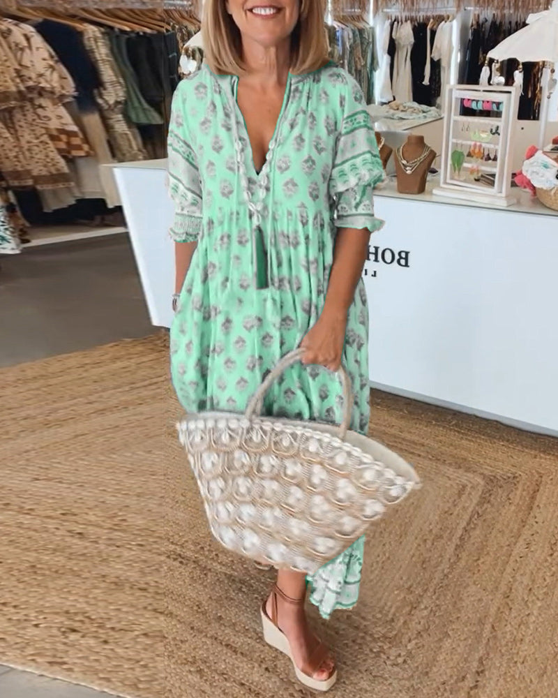 Leonora | Boho Block Print Maxi Dress with V Neck and Three Quarter Sleeves