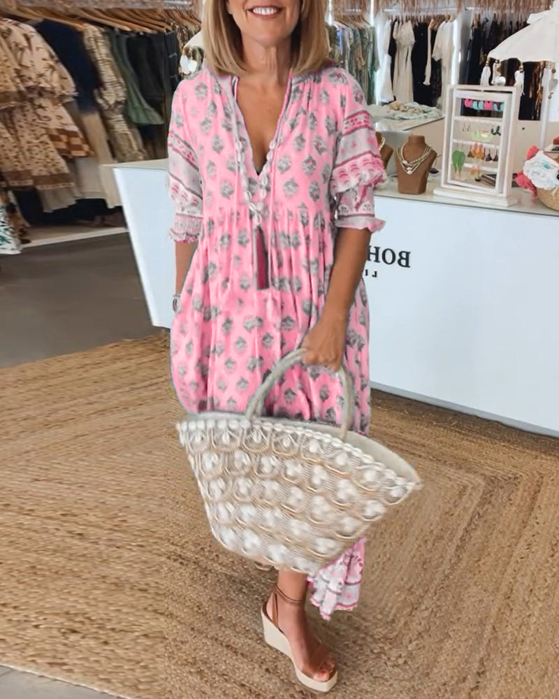 Leonora | Boho Block Print Maxi Dress with V Neck and Three Quarter Sleeves