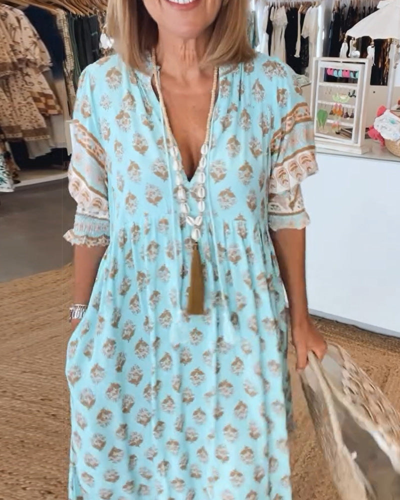 Leonora | Boho Block Print Maxi Dress with V Neck and Three Quarter Sleeves