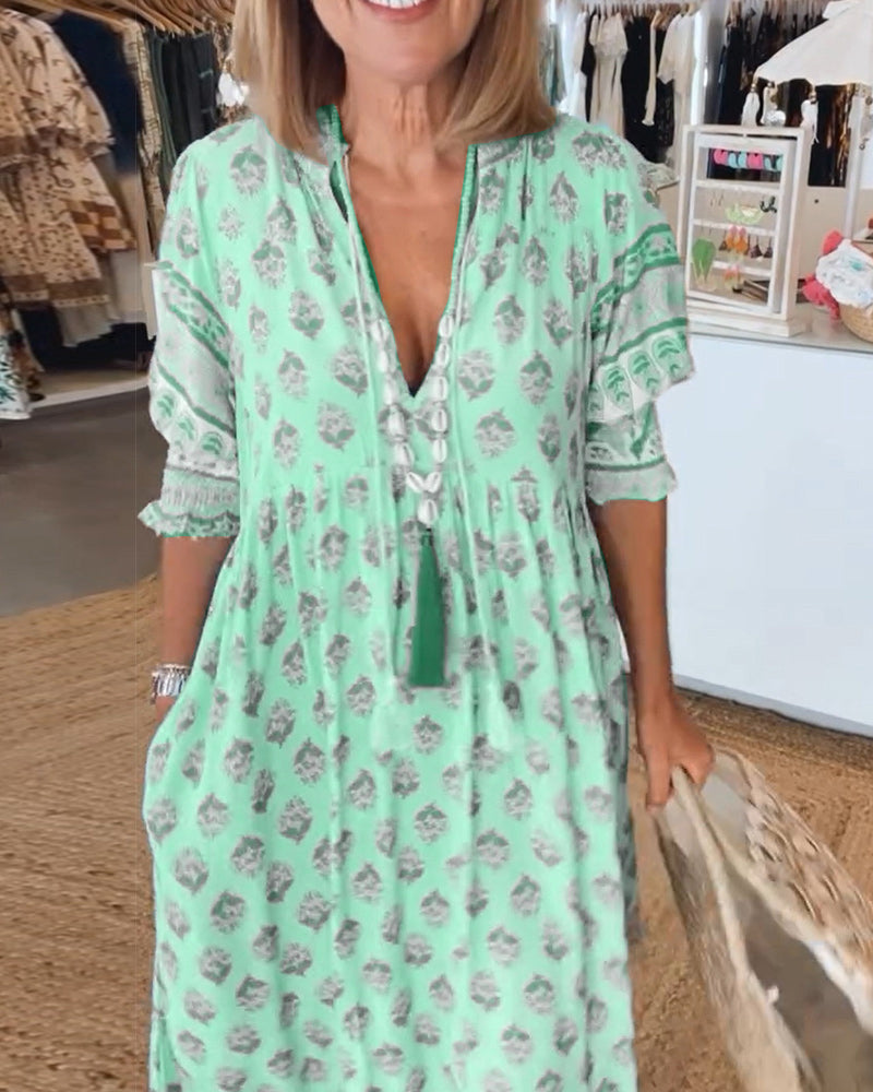 Leonora | Boho Block Print Maxi Dress with V Neck and Three Quarter Sleeves