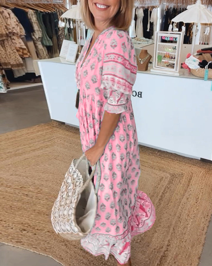 Leonora | Boho Block Print Maxi Dress with V Neck and Three Quarter Sleeves