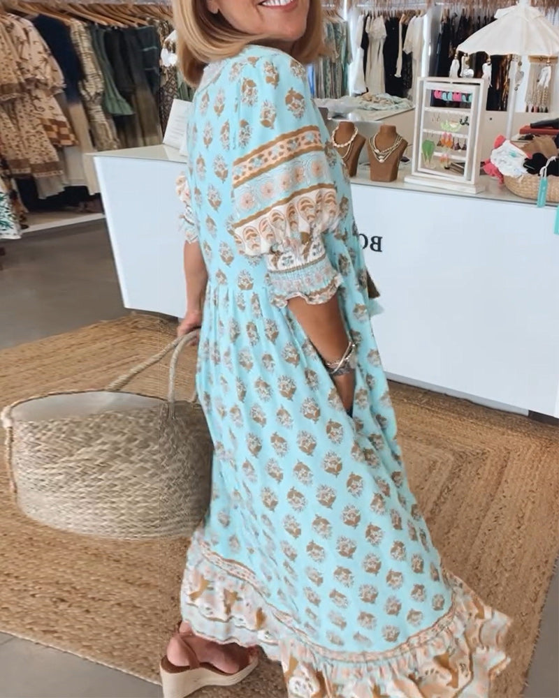Leonora | Boho Block Print Maxi Dress with V Neck and Three Quarter Sleeves