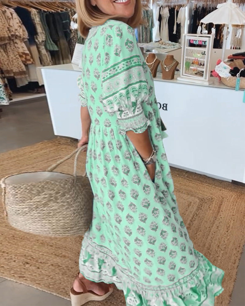 Leonora | Boho Block Print Maxi Dress with V Neck and Three Quarter Sleeves