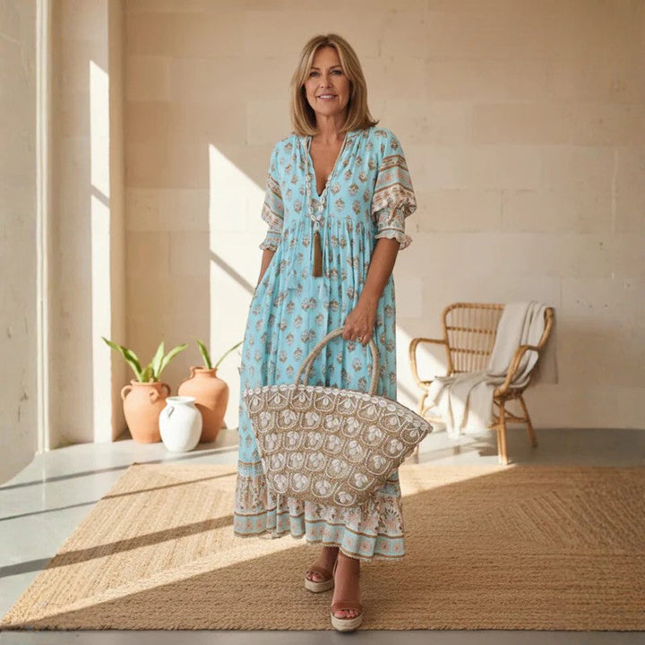 Leonora | Boho Block Print Maxi Dress with V Neck and Three Quarter Sleeves