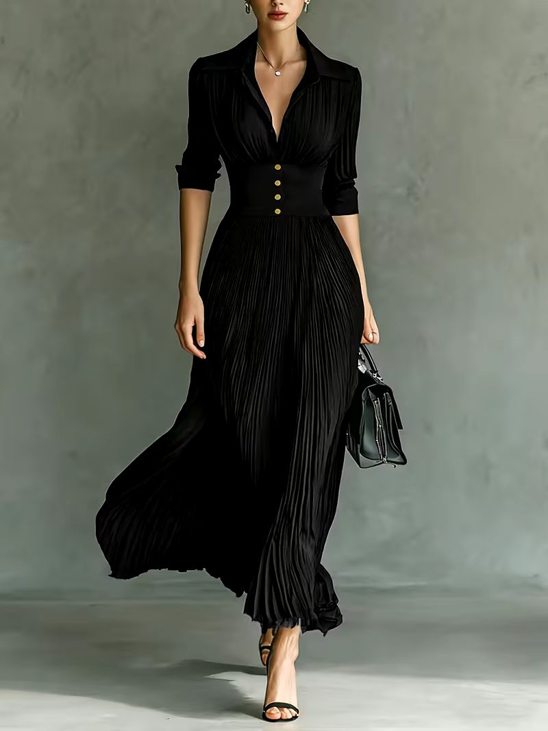 Leonora | Formal Maxi Dress with Lapel Collar and Pleated Skirt